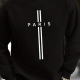 kkboxly PARIS Print Trendy Sweatshirt, Men's Casual Graphic Design Slightly Stretch Crew Neck Pullover Sweatshirt For Autumn Winter