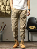 kkboxly  Trendy Solid Color Cargo Pants, Men's Casual Joggers Cotton Blend Trousers, Loose Casual Outdoor Pants, Men's Work Pants Outdoors