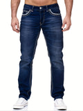 kkboxly  Classic Design Slim Fit Jeans, Men's Casual Street Style Solid Color Mid Stretch Denim Pants For Spring Summer