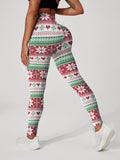 Women'S High Stretch Polyester Sports Leggings, Festive Candy Cane Pattern, Comfortable All-Season Knit Fabric, with Elastic Waist, for Weekend Casual - Long Length Active Pants