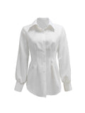 kkboxly Tucked Solid Shirt, Elegant Button Front Puff Sleeve Shirt, Women's Clothing