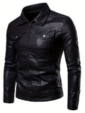 kkboxly  Men's Faux Leather Windbreaker Plain Black Zipper Long Sleeve PU Jacket For Motorcycle