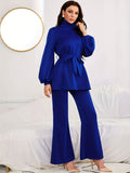 kkboxly  Solid Casual Two-piece Set, Turtle Neck Lantern Sleeve Belted Blouse & Flare Leg Pants Outfits, Women's Clothing