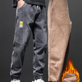 kkboxly  Men's Warm Thick Tapered Pants, Casual Trendy Cropped Pants For Fall Winter