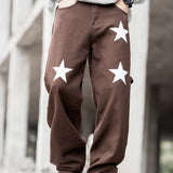 kkboxly  Star Print Loose Fit Jeans, Men's Casual Street Style Cotton Wide Leg Pants