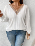 Ribbed Lace Trim V Neck T-Shirt, Casual Long Sleeve Top For Spring & Fall, Women's Clothing