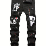 Patch Splatter Ripped Jeans, Men's Casual Street Style Distressed Slim Fit High Stretch Denim Pants For Spring Summer