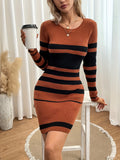 kkboxly  Striped Slim Sweater Dresses , Long Sleeve Crew Neck Mini Dress , Women's Clothings