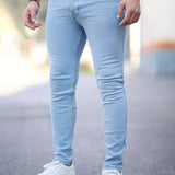 Slim Fit Cotton Jeans, Men's Casual Solid Color Mid Stretch Denim Pants For Spring Summer