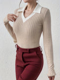 kkboxly  Slim Rib Knit Sweater, Casual V Neck Long Sleeve Sweater, Women's Clothing