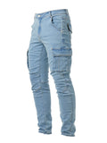 kkboxly  Slim Fit Multi Pocket Jeans, Men's Casual Street Style High Stretch Denim Cargo Pants