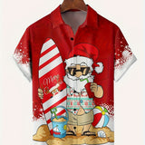 kkboxly  Christmas Santa & Elk Cartoon Pattern Men's Short Sleeve Button-down Shirt With Chest Pocket, Gift For Men