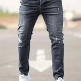 kkboxly Ripped Design Cotton Slim Fit Jeans, Men's Casual Street Style Leg Mid Stretch Denim Pants For Spring Summer