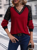 Lace Stitching V Neck T-Shirt, Elegant Long Sleeve Top For Spring & Fall, Women's Clothing