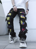 kkboxly  Loose Fit Patchwork Jeans, Men's Casual Street Style Wide Leg Pants With Creative Tassels