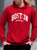 kkboxly Plus Size Men's "BOSTON" Print Hooded Sweatshirt Oversized Hoodies Fashion Casual Tops For Spring/autumn, Men's Clothing