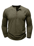 kkboxly  Solid Color Men's All-match Cotton Comfy Long Sleeve Round Neck Henley Shirt, Spring Fall