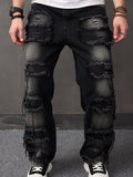 kkboxly  Men's Casual Raw Trim Jeans, Street Style Distressed Denim Pants