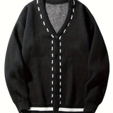 kkboxly  Men's Solid Button Up Cardigan, Casual Knitted Slightly Stretch V Neck Sweater For Spring Fall