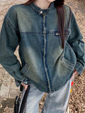 kkboxly  Full Zipper Chic Denim Jacket, Long Sleeves Washed Denim Coat, Women's Denim Clothing