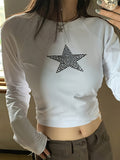 Star Rhinestone Crew Neck Crop Tee, Y2K Long Sleeve T-Shirt For Spring & Fall, Women's Clothing