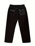 Men's Casual Loose Fit Embroidered Baggy Jeans, Chic Street Style Denim Pants