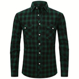 kkboxly Men's Formal Classic Design Plaid Print Button Up Long Sleeve Shirt With Chest Pocket, Male Clothes For Spring And Fall Business Occasion