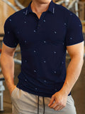 kkboxly  Dot Pattern Stripe Collar Casual Slightly Stretch Button Up Short Sleeve Polo Shirt, Men's POLO For Summer