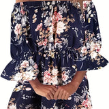 Kkboxly  Boho Leaf Graphic Print Off Shoulder Dress, Sexy Backless Ruffle Sleeve Dress For Spring & Summer, Women's Clothing