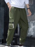 Men's Drawstring Flap Pocket Cargo Pants, Loose Trendy Jogger Pants