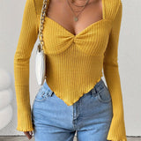 kkboxly  Twist Front Sweetheart Neck T-Shirt, Casual Long Sleeve Crop Top For Spring, Women's Clothing