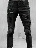 kkboxly  Slim Fit Ripped Biker Jeans, Men's Casual Street Style Distressed Medium Stretch Denim Pants For Spring Fall