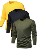 kkboxly 3Pcs Men's Crew Neck Long Sleeve Active T-shirt Tee, Casual Comfy Shirts For Spring Summer Autumn, Men's Clothing Tops