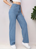 Blue Loose Fit Straight Jeans, High Waist Non-Stretch Slash Pockets Denim Pants, Women's Denim Jeans & Clothing