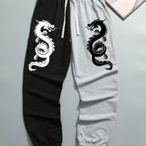 kkboxly  Dragons Print, Men's Two Color Splicing Drawstring Sweatpants, Pocket Breathable Casual Jogger Pants, Mens Clothing