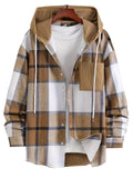 kkboxly  Men's Hooded Plaid Long Sleeve Shirt, Loose Trendy Comfy Shirt Jacket For Spring Autumn