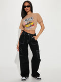 Black Multi-pocket Contrast White Seam Loose Denim Cargo Pants, Solid Color Slash Pocket Zipper Button Closure Cargo Jeans, Y2K Kpop Style, Women's Denim Jeans & Clothing