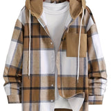 kkboxly  Men's Hooded Plaid Long Sleeve Shirt, Loose Trendy Comfy Shirt Jacket For Spring Autumn