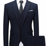 kkboxly Formal 3 Pieces Set, Men's Two Button Suit Jacket & Single Breasted Vest & Pants Suit Set For Business Dinner Wedding Party