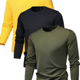 kkboxly 3Pcs Men's Crew Neck Long Sleeve Active T-shirt Tee, Casual Comfy Shirts For Spring Summer Autumn, Men's Clothing Tops