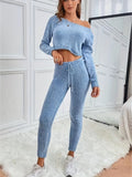 kkboxly  Solid Sweater Two-piece Set, Long Sleeve Crew Neck Crop Sweater & Drawstring Slim Pants Outfits, Women's Clothing