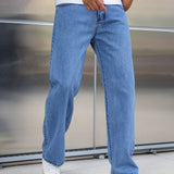 kkboxly  Loose Cotton Blend Men's Solid Wide Leg Pants, Men's Casual Denim Pants, All Seasons