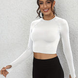 kkboxly  Solid Color Long Sleeve Crop T-Shirt With Thumb Hole,Casual Sports Versatile Running Top, Women's Clothing