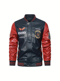 kkboxly  Men's Casual Pockets "R" Print Zipper Long Sleeves Baseball Collar PULeather Jacket