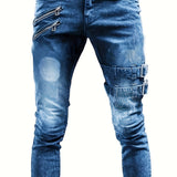 kkboxly  Slim Fit Ripped Biker Jeans, Men's Casual Street Style Distressed Medium Stretch Denim Pants For Spring Fall