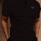 kkboxly  Antelope Horns Men's Casual Stand Collar Button Up Short Sleeves Polo Shirts For Summer