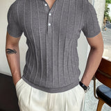 Vertical Striped Chic Shirt, Men's Casual Solid Color High Stretch V-Neck Pullover Sweater For Summer