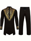 kkboxly Mens African 2-Piece Set Metallic Traditional Suit Golden Print Mens Cotton African Dashiki Shirt And Pants Outfit