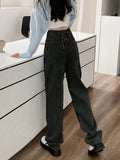 kkboxly  Lace Up Back High Waist Straight Jeans, Y2k Washed Loose Wide Leg Denim Pants, Women's Denim Jeans & Clothing