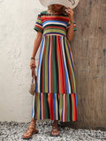 kkboxly  Colorblock Stripe Print Dress, Casual Short Sleeve Ruffles Hem Dress For Spring & Summer, Women's Clothing